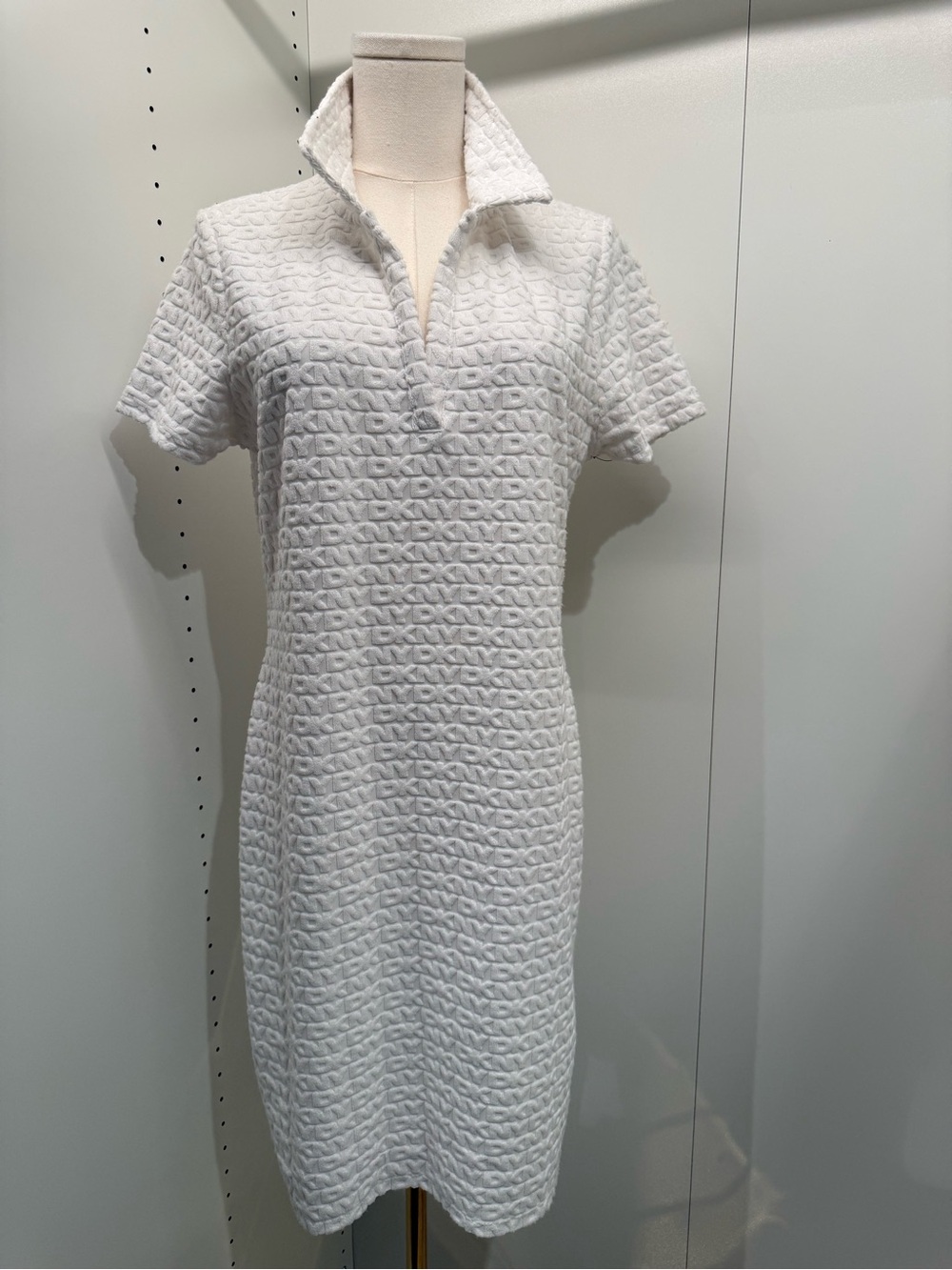 DKNYC White Textured Polo Collar Midi Dress